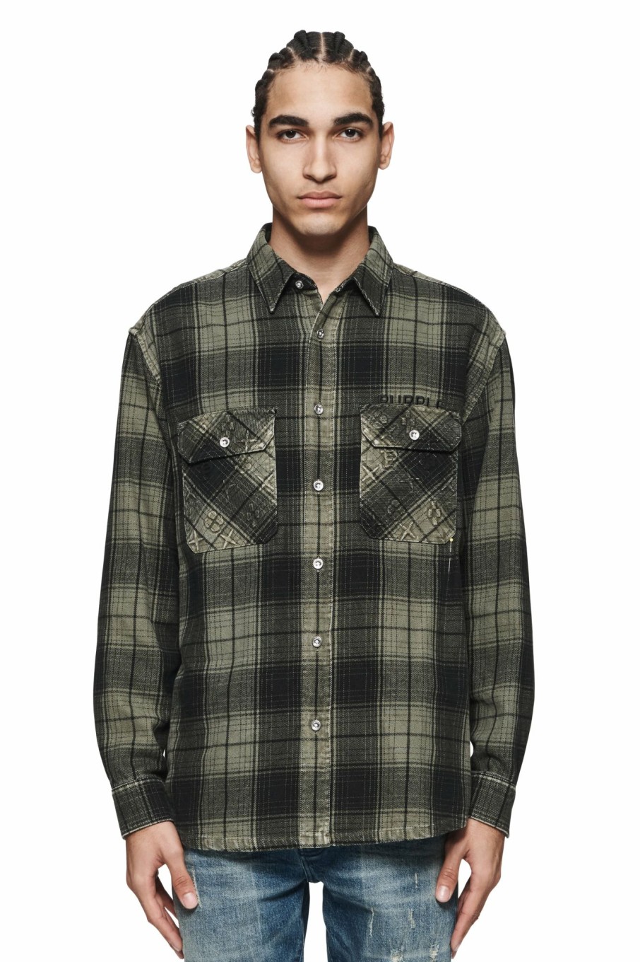 TOPS PURPLE BRAND | Overdyed Flannel Long Sleeve Shirt