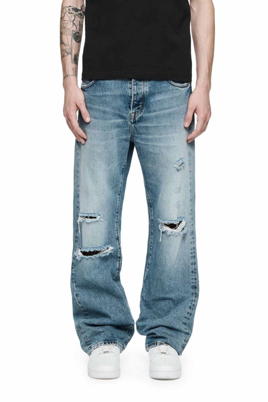 BOTTOMS PURPLE BRAND | P018 Baggy Jean - Indigo Stone Wash Destroy